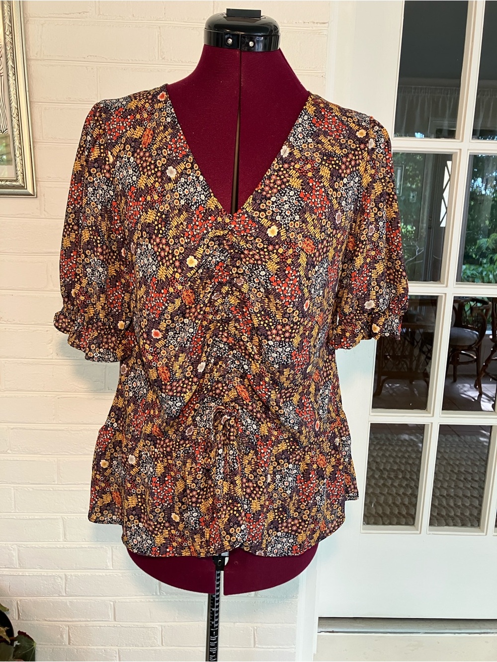 Pleione | Peplum Wrap Blouse | Floral Print | Tie Sleeve | Brown Multi | Large